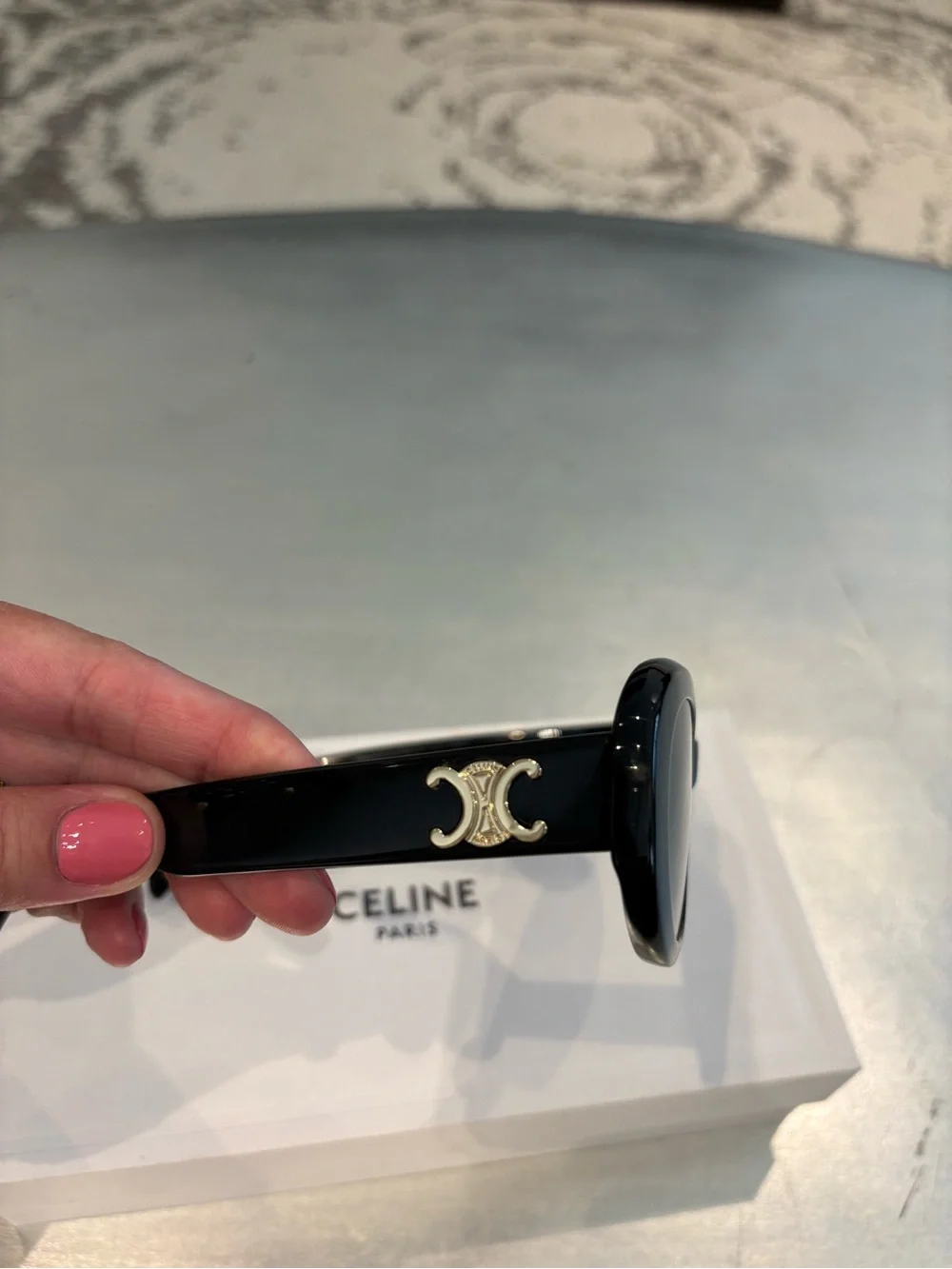 Celine Eyewear Triomphe 01 Oval Sunglasses Black With Gold Logo Unisex